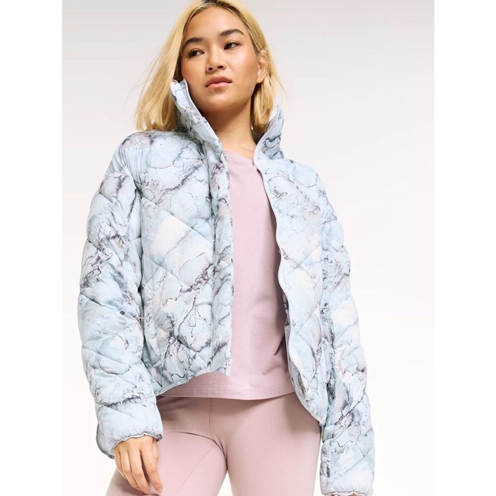 Marble-Print Light Blue Quilted Puffer Jacket